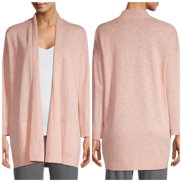 Eileen Fisher Sweaters - EILEEN FISHER XL Organic Linen Cotton Slub High Collar Open Cardigan Powder Pink